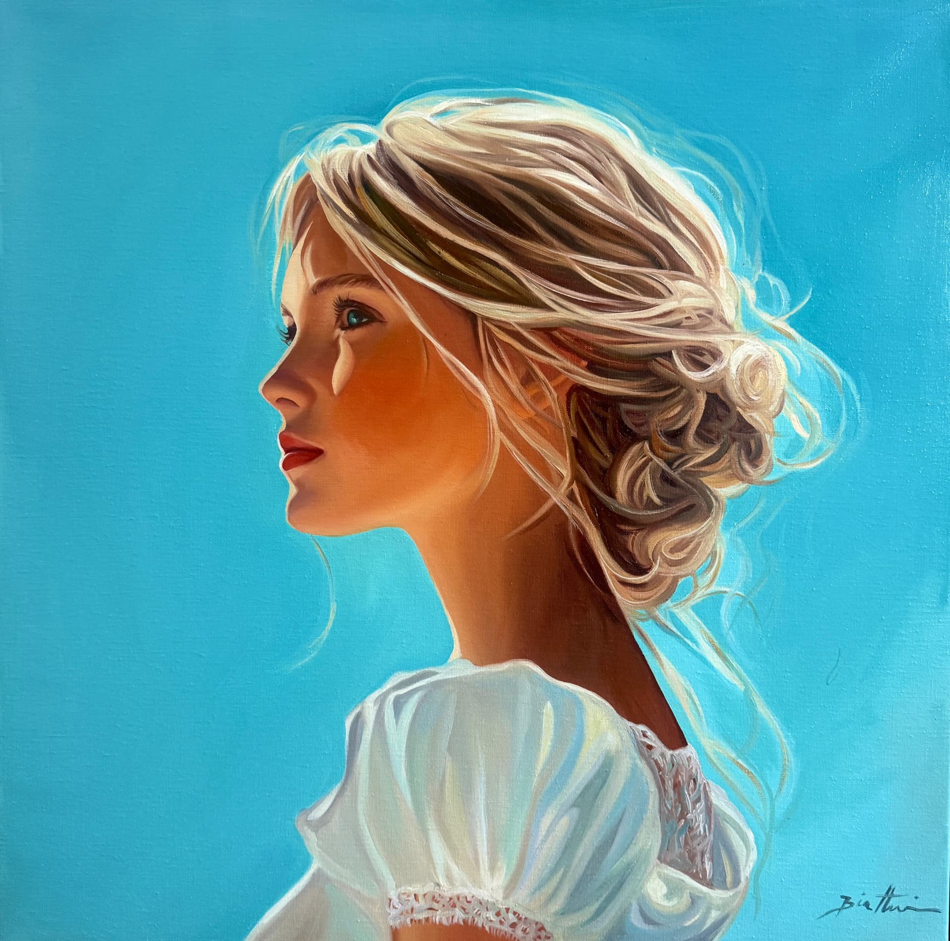 Le Regard — Huile sur toile, 60 × 60 cm, cadre noir